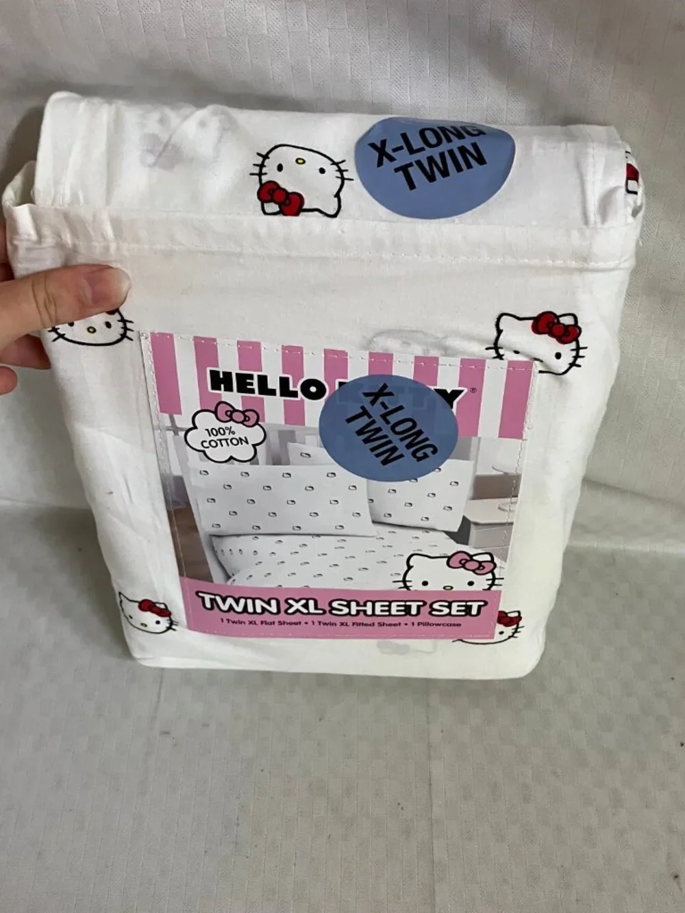 Hello Kitty Twin XL Sheet Set White Pink 100% Cotton 3 Piece Sanrio Bedding
